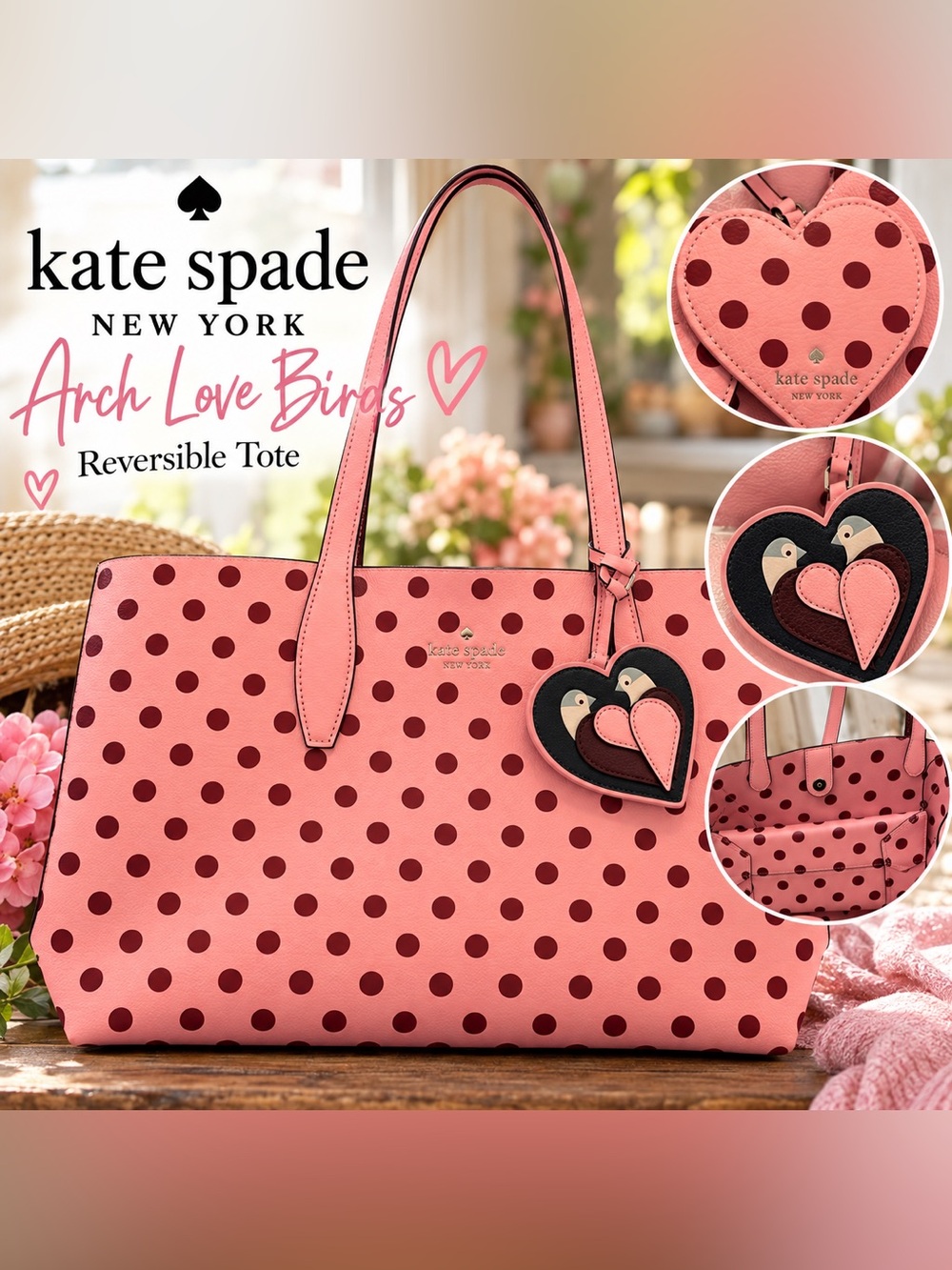 💕 NWT Kate Spade Arch Love Birds Reversible Leather Tote Pink Polka Dot
